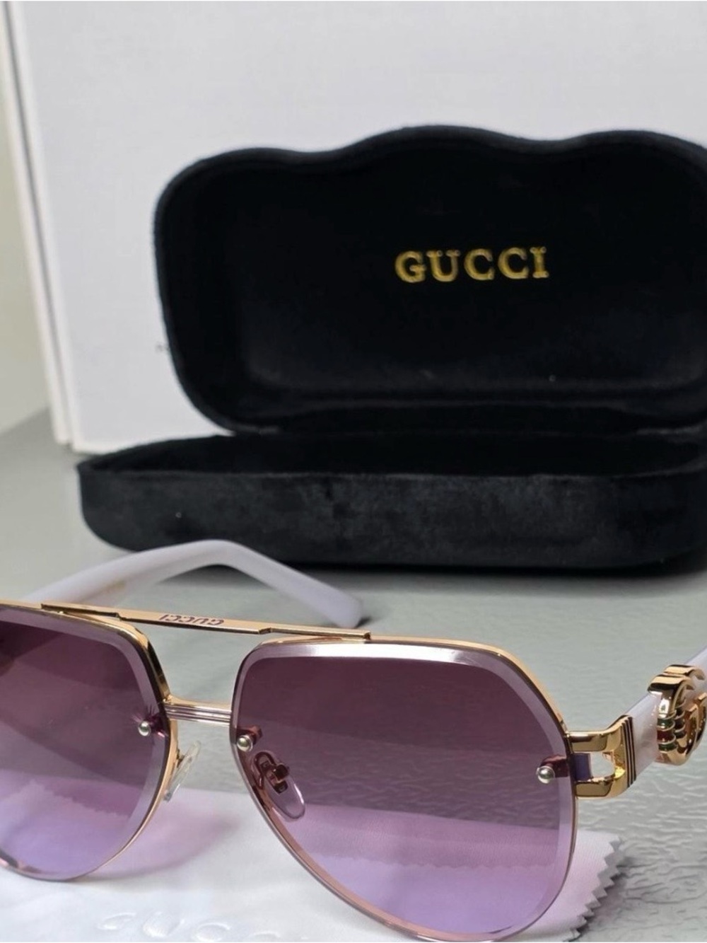 Gucci Gold Frame Sunglasses with Purple Gradient Lenses